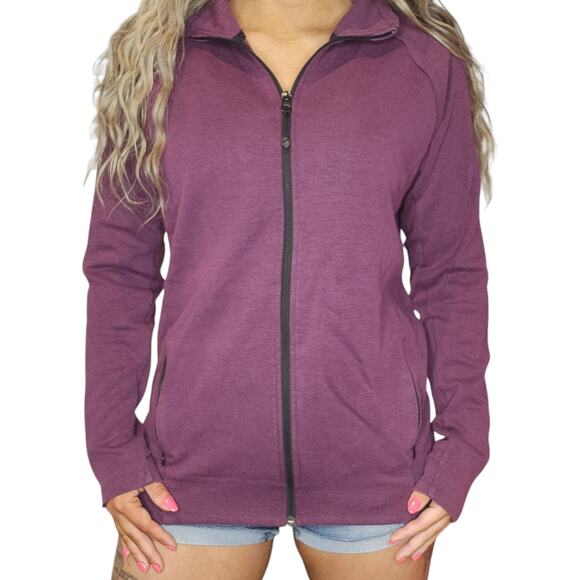Purple Sweater Mens Large Full Zip Collared Pockets Thumb Holes Wine Plum Costco - Picture 1 of 14